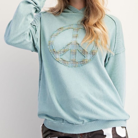 NEW EASEL CLOTHING WASHED TERRY KNIT PULLOVER PEACE HOODIE SEAFOAM SWEATSHIRT - Picture 2 of 10